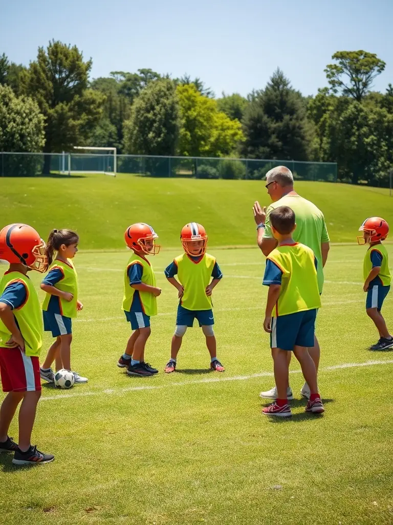 A group of young children in USC UNION SPORTIVE DE CHATEAUMEILLANT football uniforms are practicing drills on a sunny field, with a coach providing guidance. The image captures the energy and enthusiasm of youth sports.