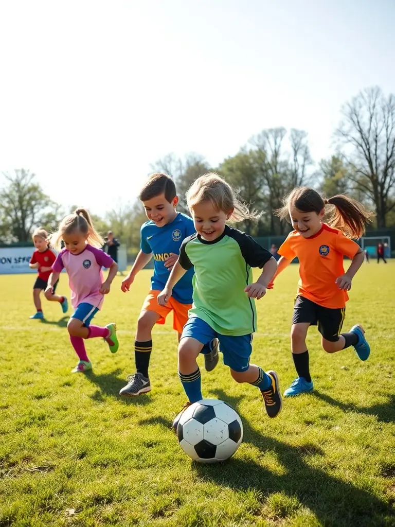 A group of children playing football on a sunny field, wearing USC UNION SPORTIVE DE CHATEAUMEILLANT jerseys, with a coach instructing them.