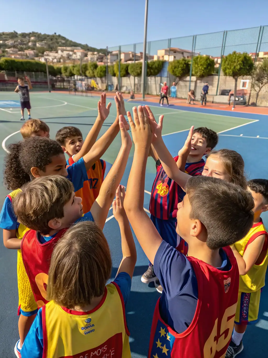 A diverse group of children laughing and celebrating together after a basketball game, showcasing the sense of community and belonging.