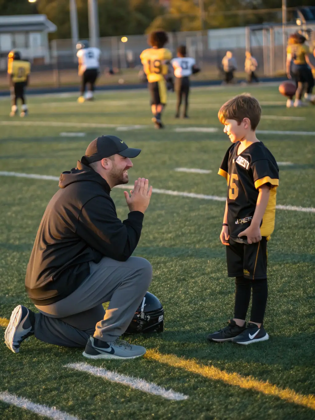 A coach mentoring a young athlete, emphasizing leadership skills and personal growth, in a positive and encouraging setting.
