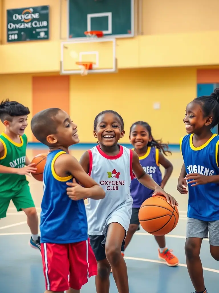 A diverse group of children from USC UNION SPORTIVE DE CHATEAUMEILLANT are participating in various sports activities, including football, volleyball, and basketball, all under the supervision of qualified coaches. The image represents the association's commitment to youth sports education.